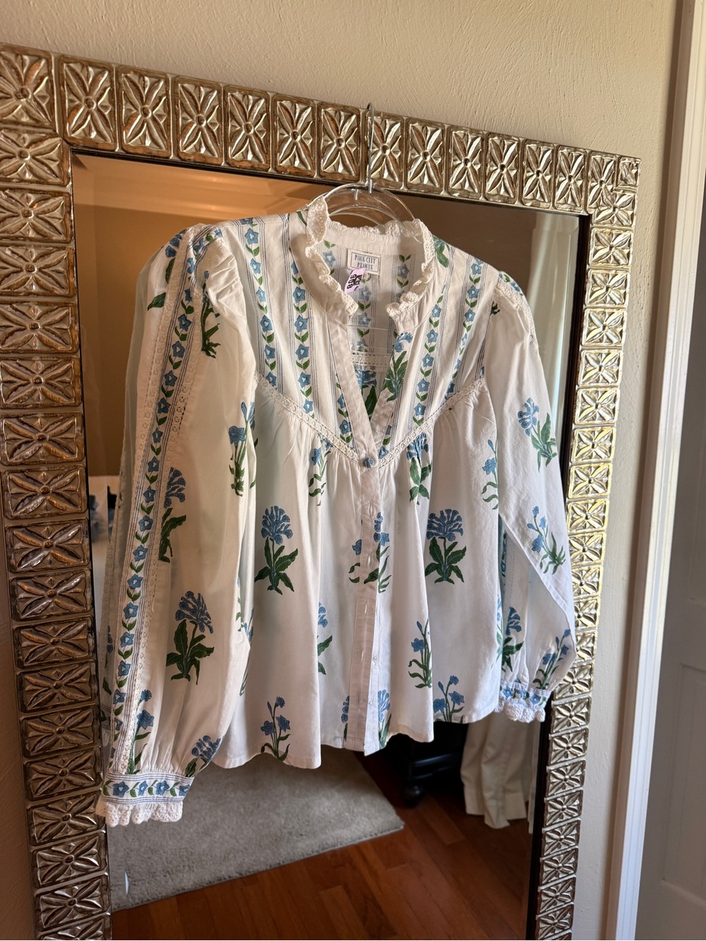 Pink City Prints Floral Peasant Blouse - White with Blue & Green Print - Small